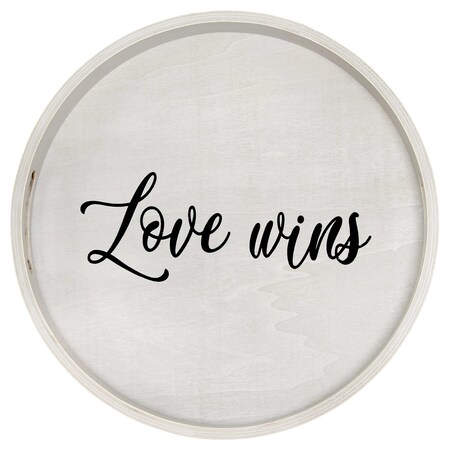 Elegant Designs "Love Wins" 13.75" Round Wood Serving Tray with Handles HG2013-GYW